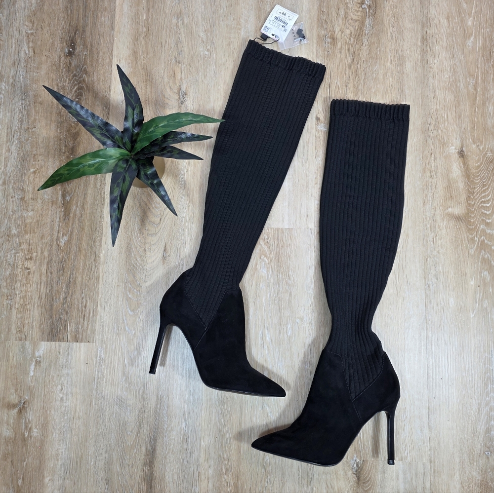 🆕️Zara Elegant Black Pull-on Knee-High Point Toe Women's Boots 6